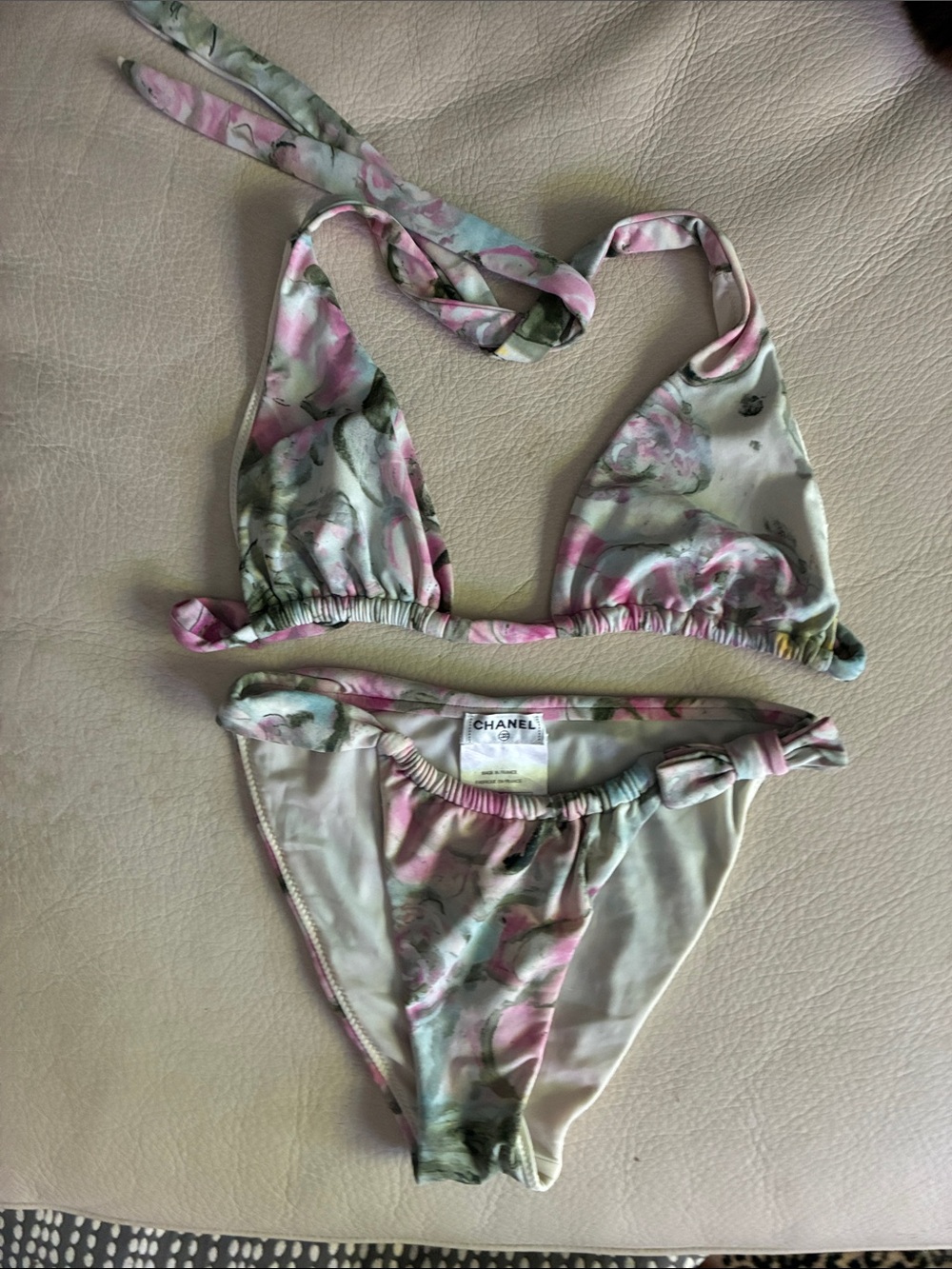 CHANEL Pastel Floral Triangle Bikini in Pink and Green - Picture 4 of 12